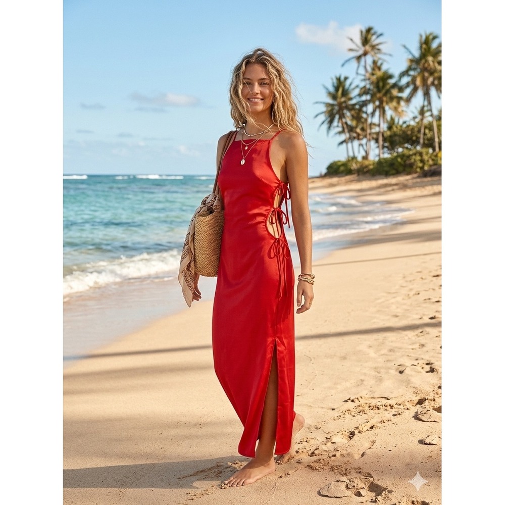 Zara Red Satin Lace Up ❤️Side Cut Out / corset midi Dress High Neck boho summer